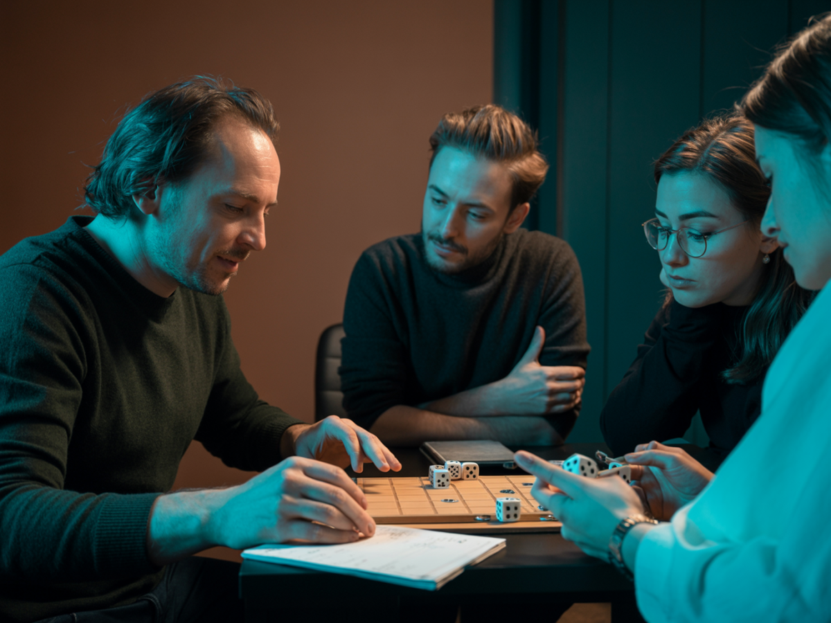 Der Entwickler erläutert Mind Games in einer konzentrierten Spielerunde mit Würfeln und Notizen.