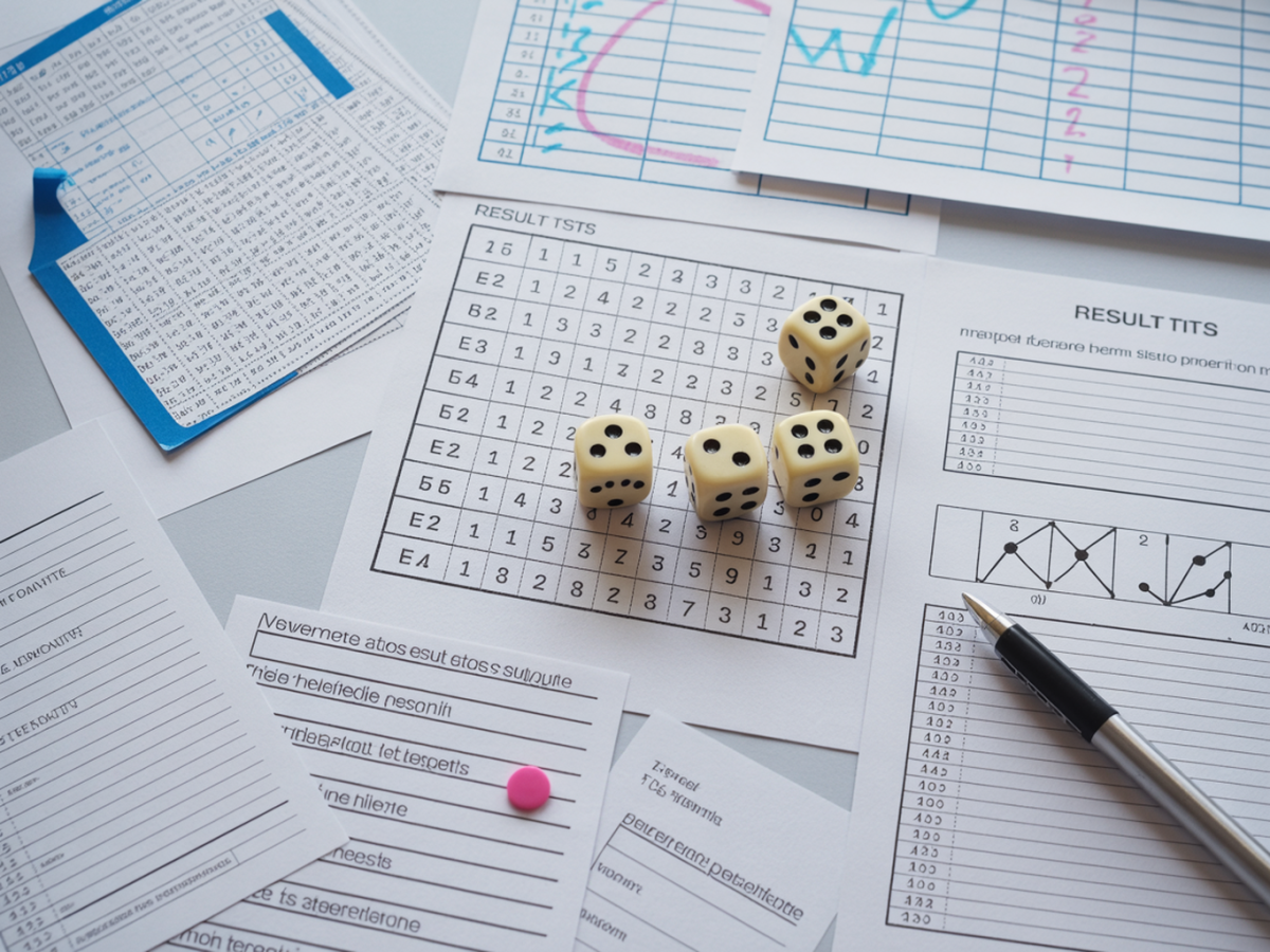 Würfel, Ergebnislisten und Diagramme als Symbol für die Dokumentation und Auswertung von Spielerfahrungen