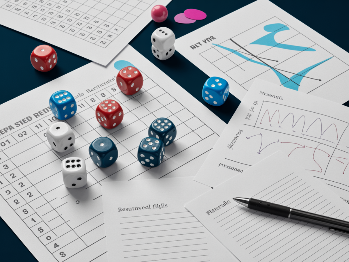 Farbige Würfel auf Versuchsprotokollen zur strukturierten Erprobung von Mind Games