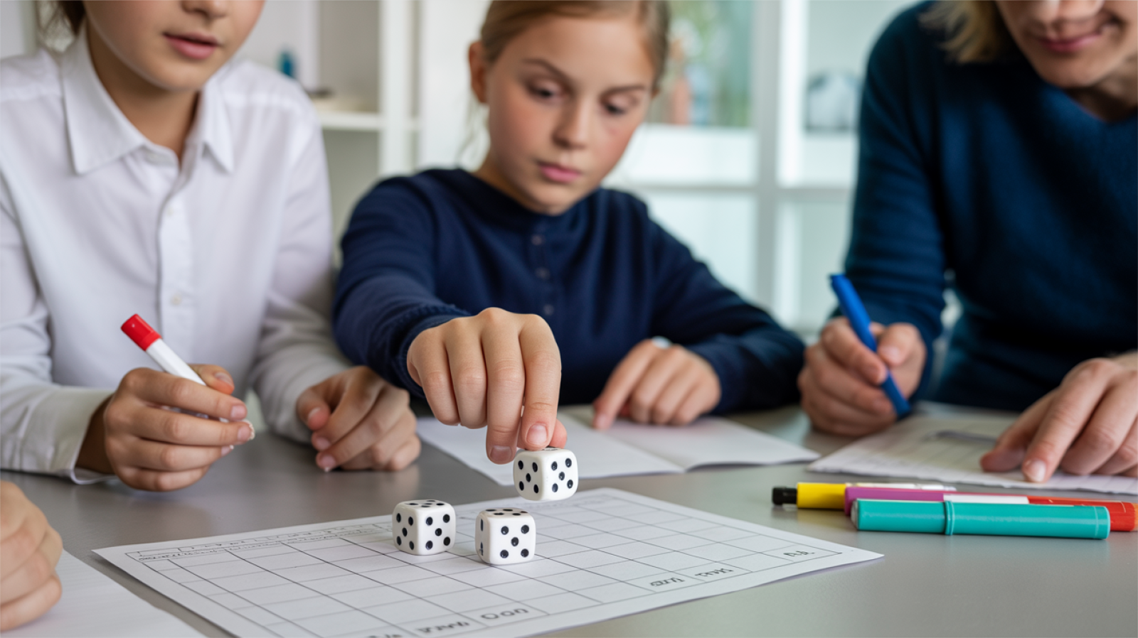 Kinder und Erwachsene dokumentieren gemeinsam einen Würfelversuch