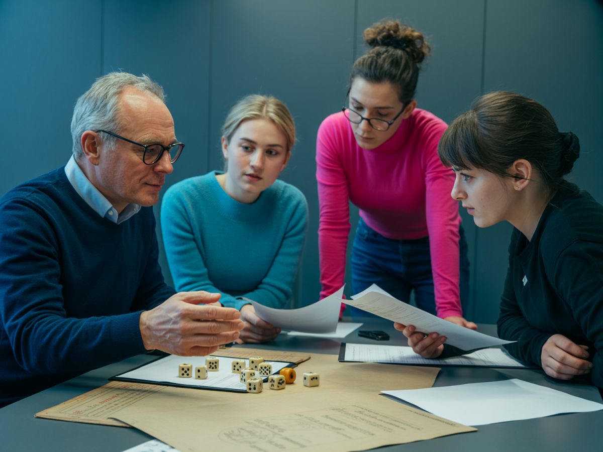 Entwickler und Team werten gemeinsam Würfel, Unterlagen und historische Aufzeichnungen aus